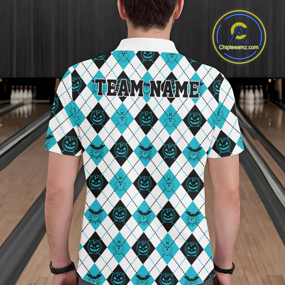 Custom Funny White, Black And Blue Halloween Bowling Argyle Pattern Men Polo Shirt IPHW11912