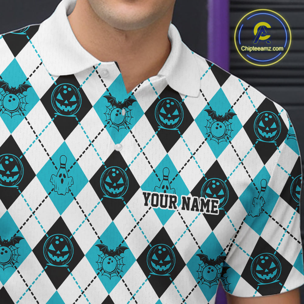 Custom Funny White, Black And Blue Halloween Bowling Argyle Pattern Men Polo Shirt IPHW11912
