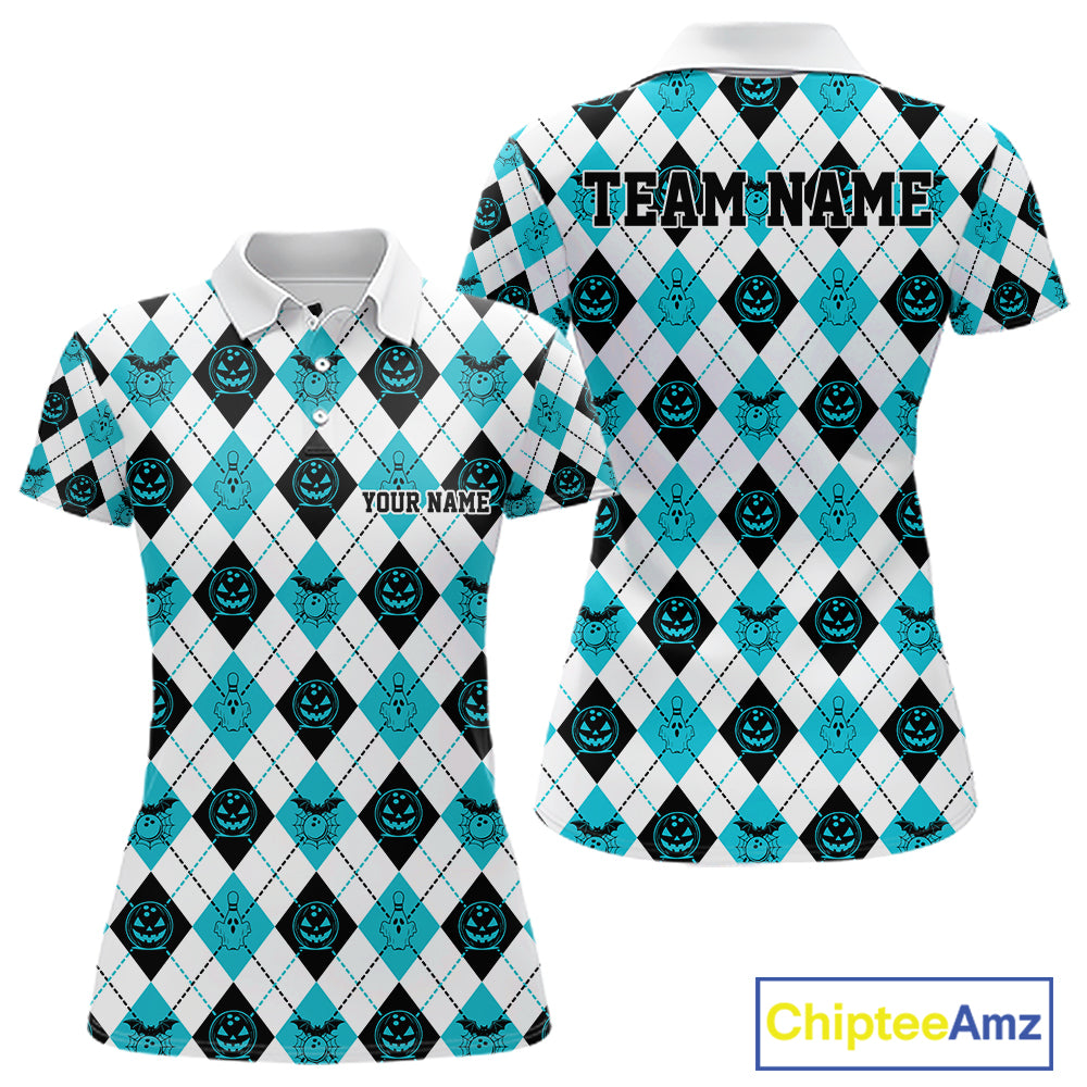 Custom Funny White, Black And Blue Halloween Bowling Argyle Pattern Women Polo Shirt IPHW11912