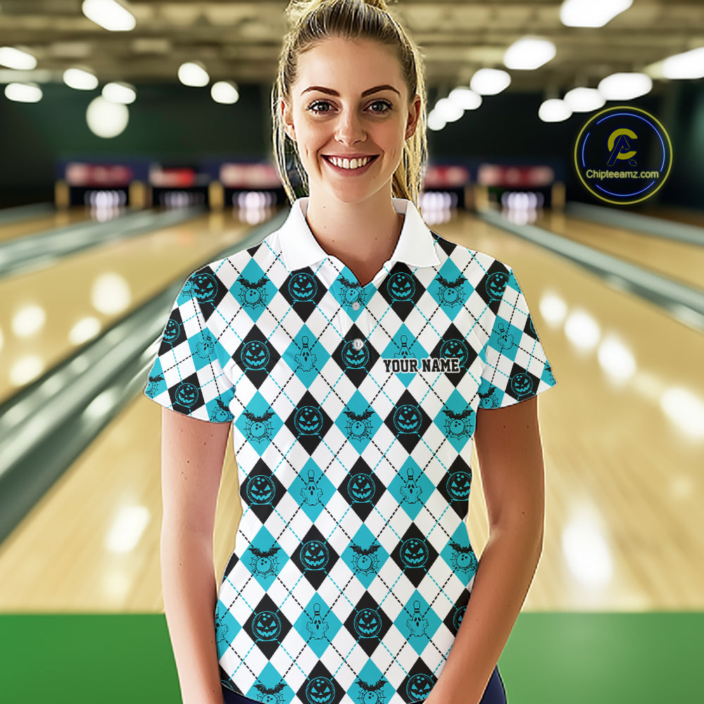 Custom Funny White, Black And Blue Halloween Bowling Argyle Pattern Women Polo Shirt IPHW11912