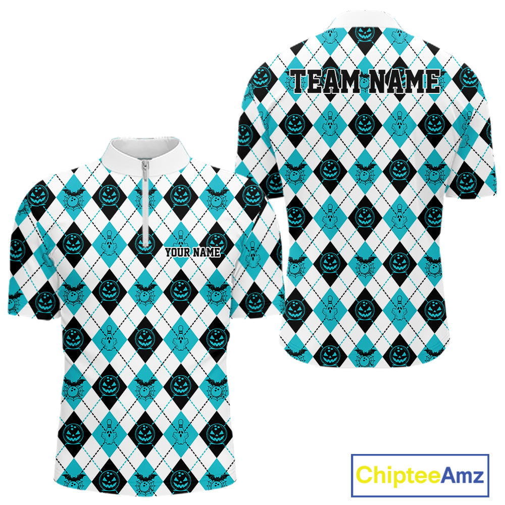 Custom Funny White, Black And Blue Halloween Bowling Argyle Pattern Men Quarter Zip Shirt IPHW11912