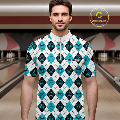 Custom Funny White, Black And Blue Halloween Bowling Argyle Pattern Men Quarter Zip Shirt IPHW11912