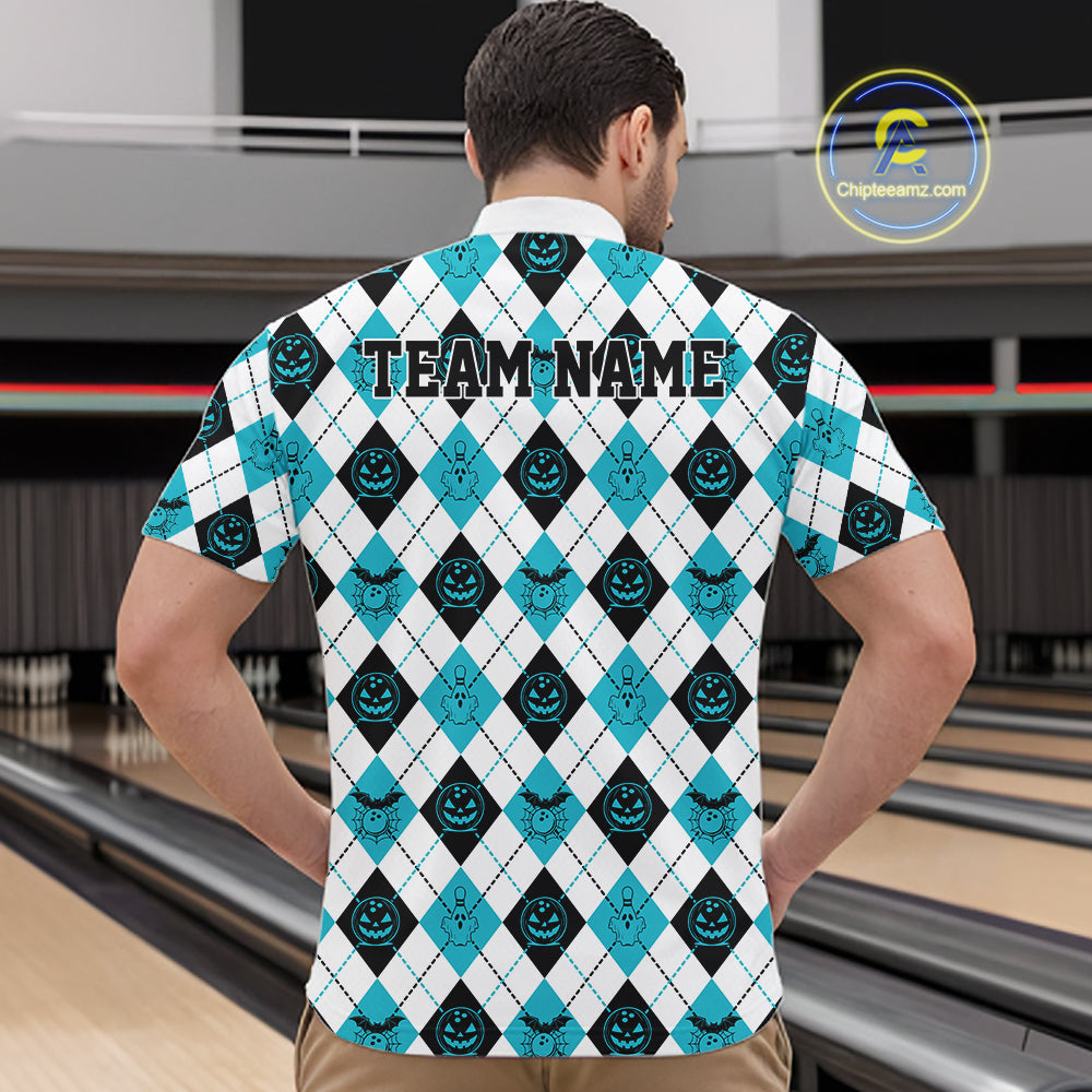 Custom Funny White, Black And Blue Halloween Bowling Argyle Pattern Men Quarter Zip Shirt IPHW11912