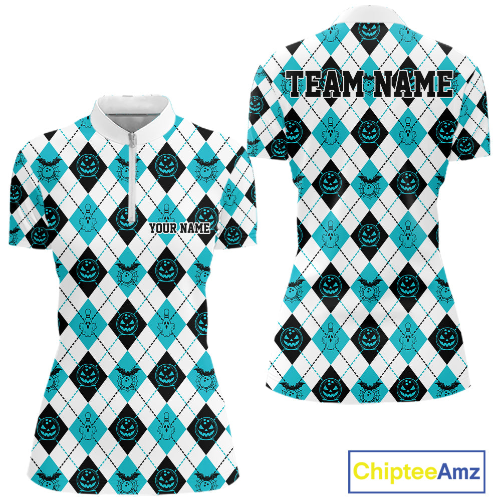 Custom Funny White, Black And Blue Halloween Bowling Argyle Women Quarter-Zip Shirt IPHW11912