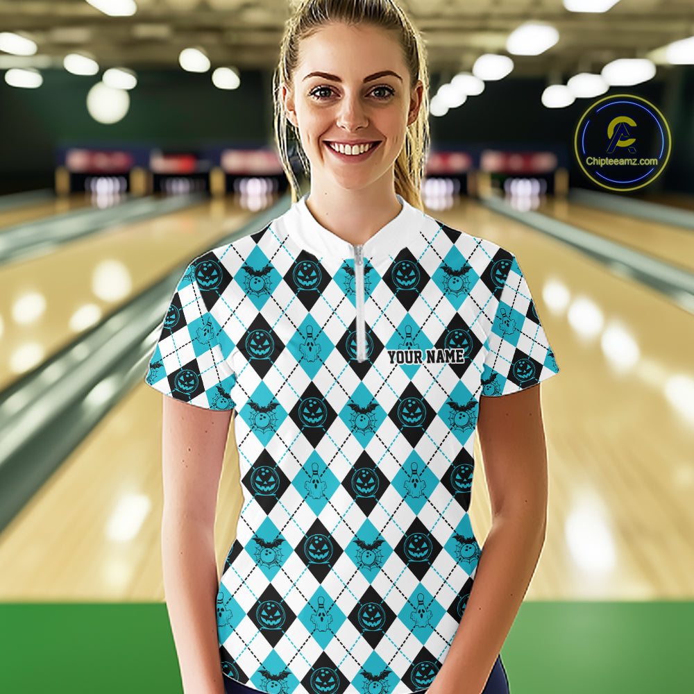 Custom Funny White, Black And Blue Halloween Bowling Argyle Women Quarter-Zip Shirt IPHW11912