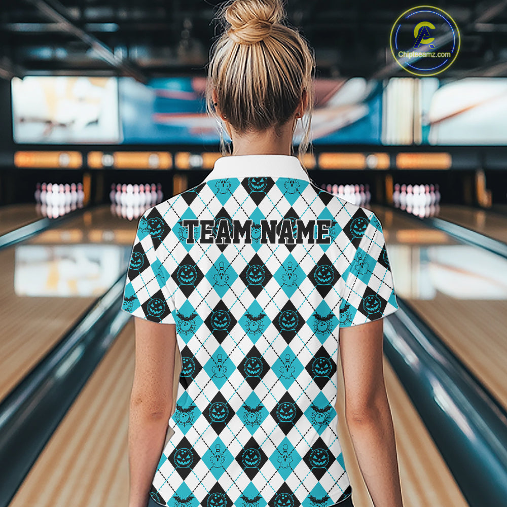 Custom Funny White, Black And Blue Halloween Bowling Argyle Women Quarter-Zip Shirt IPHW11912