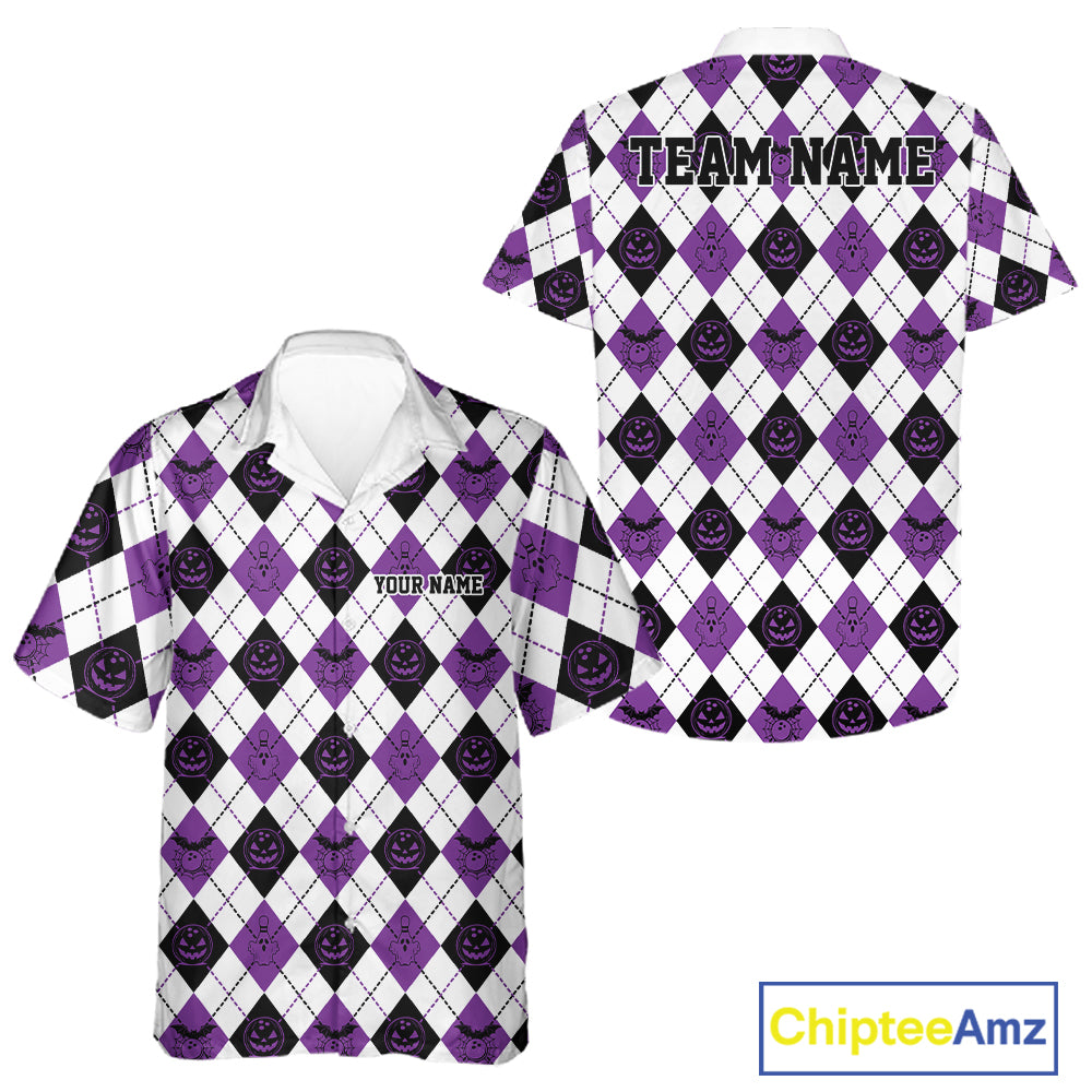 Custom Funny White, Black And Purple Halloween Bowling Argyle Pattern Men And Women Button Up Shirt IPHW11913