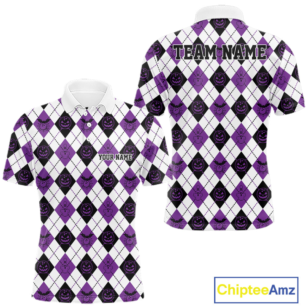 Custom Funny White, Black And Purple Halloween Bowling Argyle Pattern Men Polo Shirt IPHW11913