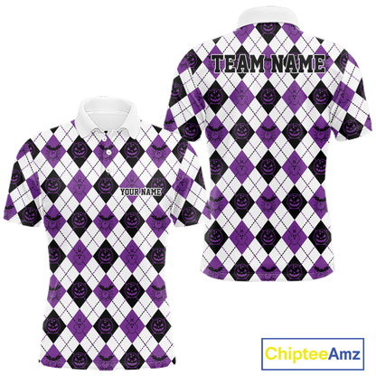 Custom Funny White, Black And Purple Halloween Bowling Argyle Pattern Men Polo Shirt IPHW11913