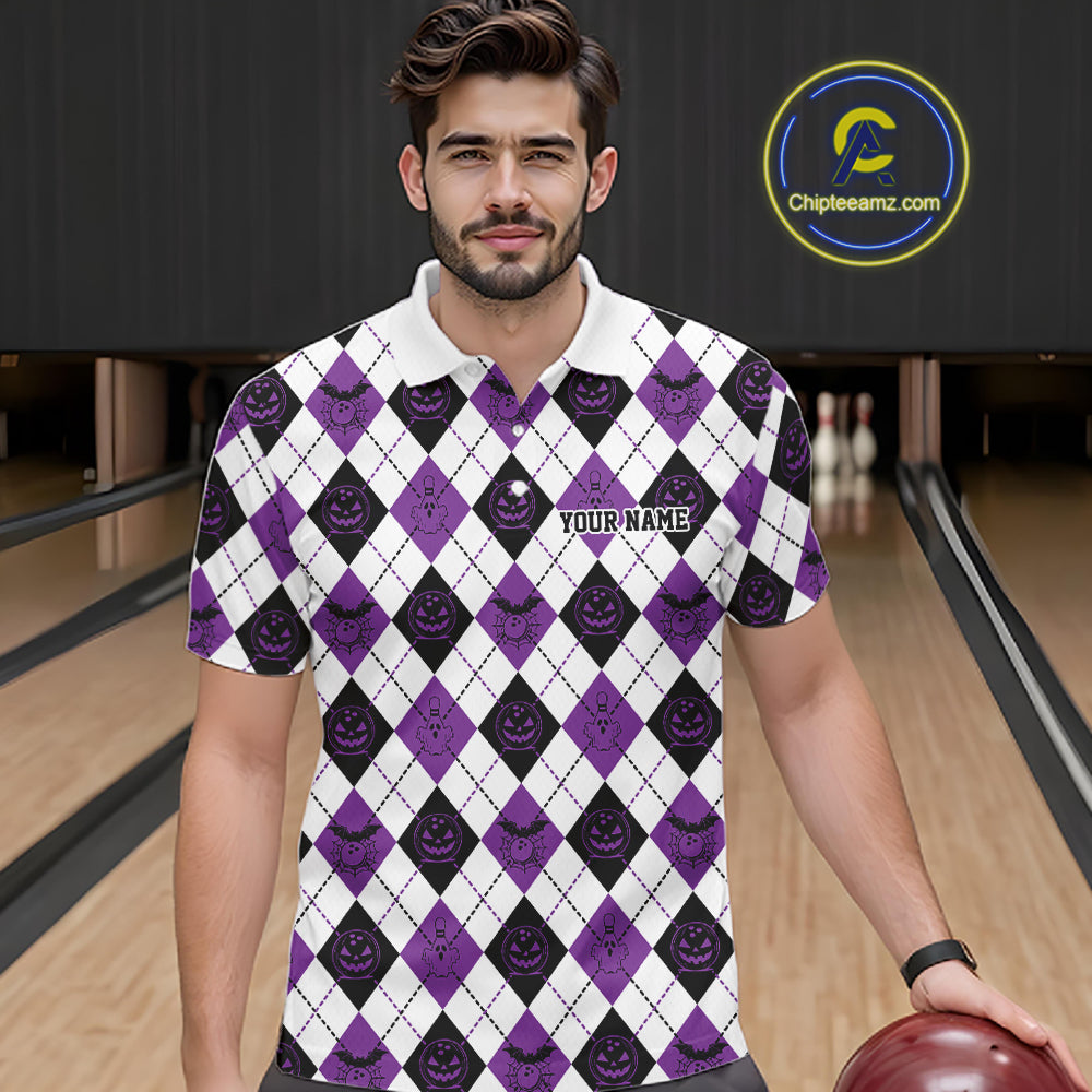 Custom Funny White, Black And Purple Halloween Bowling Argyle Pattern Men Polo Shirt IPHW11913