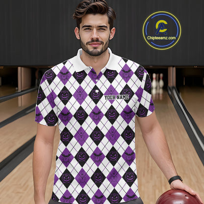 Custom Funny White, Black And Purple Halloween Bowling Argyle Pattern Men Polo Shirt IPHW11913