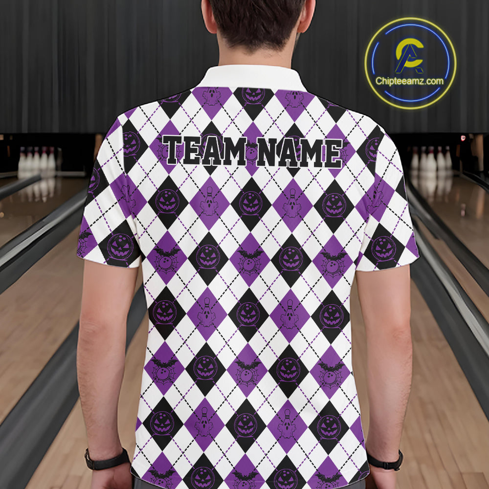 Custom Funny White, Black And Purple Halloween Bowling Argyle Pattern Men Polo Shirt IPHW11913