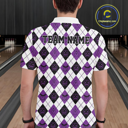 Custom Funny White, Black And Purple Halloween Bowling Argyle Pattern Men Polo Shirt IPHW11913