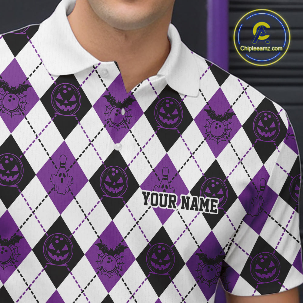 Custom Funny White, Black And Purple Halloween Bowling Argyle Pattern Men Polo Shirt IPHW11913