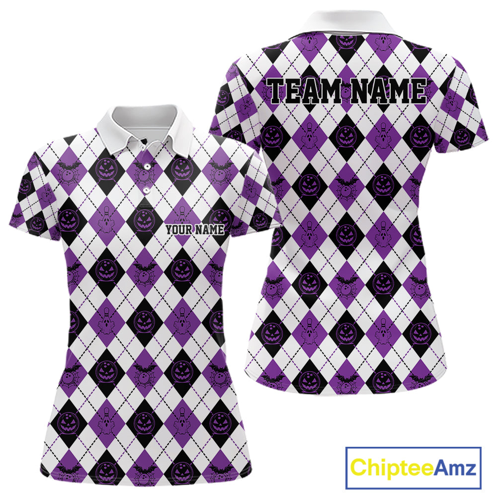 Custom Funny White, Black And Purple Halloween Bowling Argyle Pattern Women Polo Shirt IPHW11913