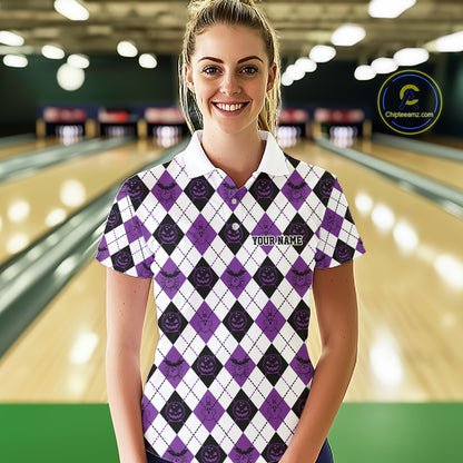 Custom Funny White, Black And Purple Halloween Bowling Argyle Pattern Women Polo Shirt IPHW11913