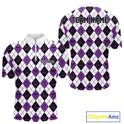 Custom Funny White, Black And Purple Halloween Bowling Argyle Pattern Men Quarter Zip Shirt IPHW11913
