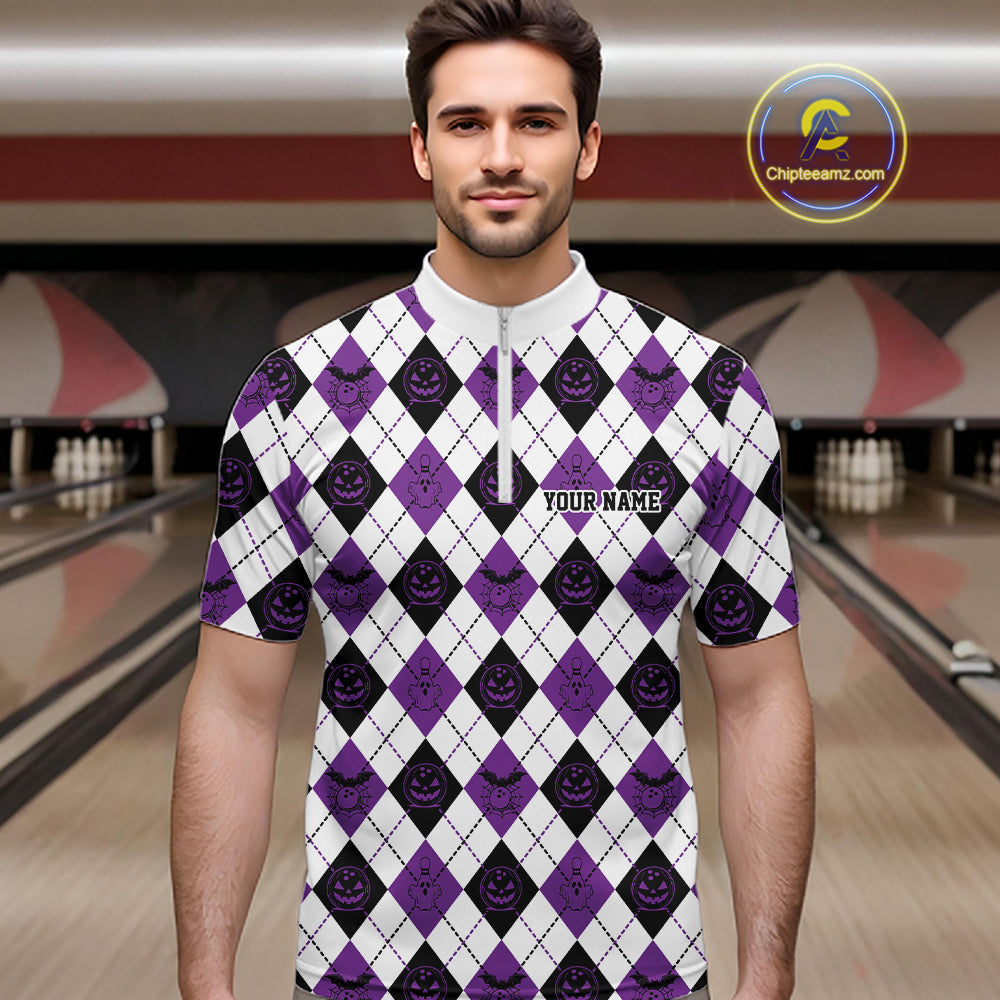 Custom Funny White, Black And Purple Halloween Bowling Argyle Pattern Men Quarter Zip Shirt IPHW11913