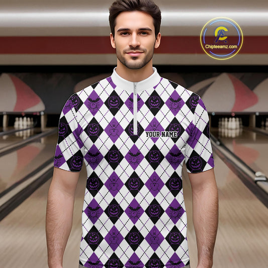 Custom Funny White, Black And Purple Halloween Bowling Argyle Pattern Men Quarter Zip Shirt IPHW11913
