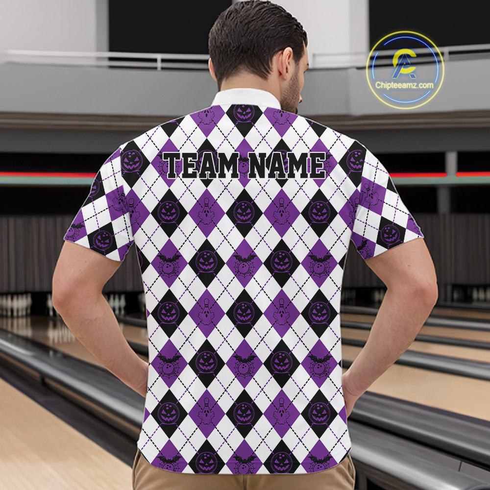 Custom Funny White, Black And Purple Halloween Bowling Argyle Pattern Men Quarter Zip Shirt IPHW11913