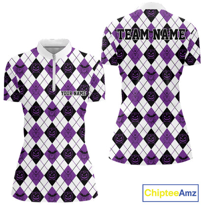 Custom Funny White, Black And Purple Halloween Bowling Argyle Women Quarter-Zip Shirt IPHW11913