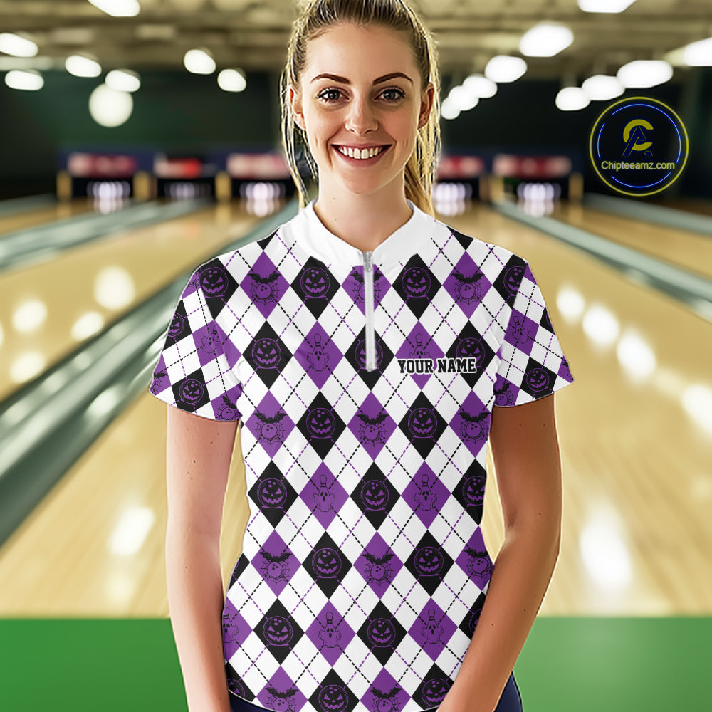 Custom Funny White, Black And Purple Halloween Bowling Argyle Women Quarter-Zip Shirt IPHW11913