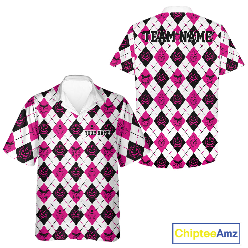 Custom Funny White, Black And Pink Halloween Bowling Argyle Pattern Men And Women Button Up Shirt IPHW11914