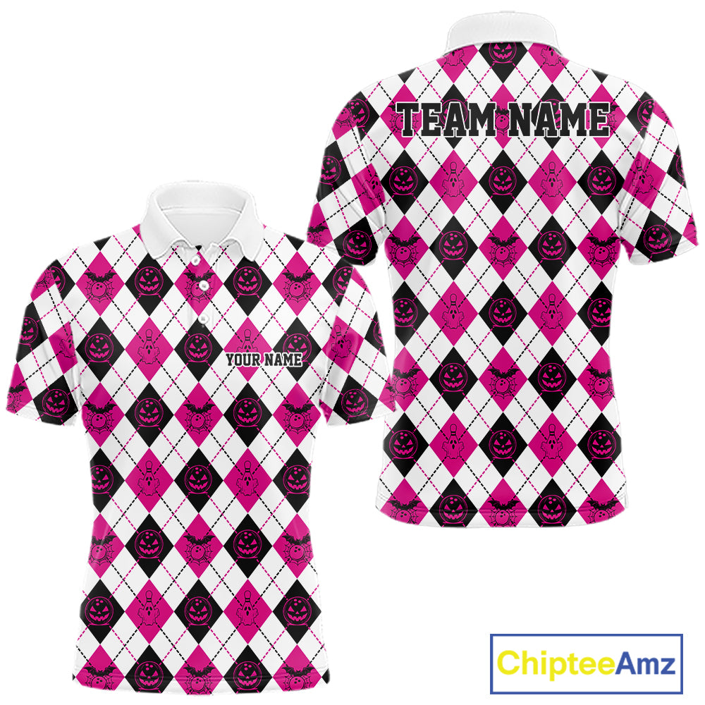 Custom Funny White, Black And Pink Halloween Bowling Argyle Pattern Men Polo Shirt IPHW11914
