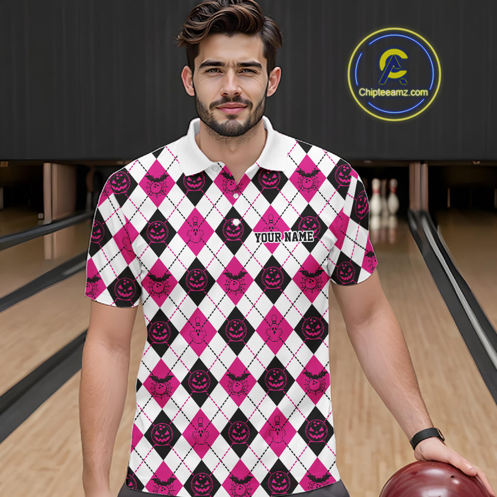 Custom Funny White, Black And Pink Halloween Bowling Argyle Pattern Men Polo Shirt IPHW11914