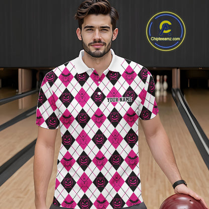 Custom Funny White, Black And Pink Halloween Bowling Argyle Pattern Men Polo Shirt IPHW11914