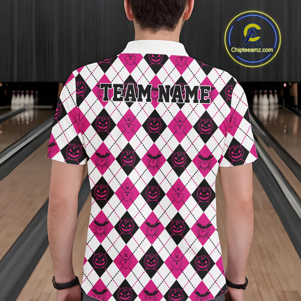 Custom Funny White, Black And Pink Halloween Bowling Argyle Pattern Men Polo Shirt IPHW11914