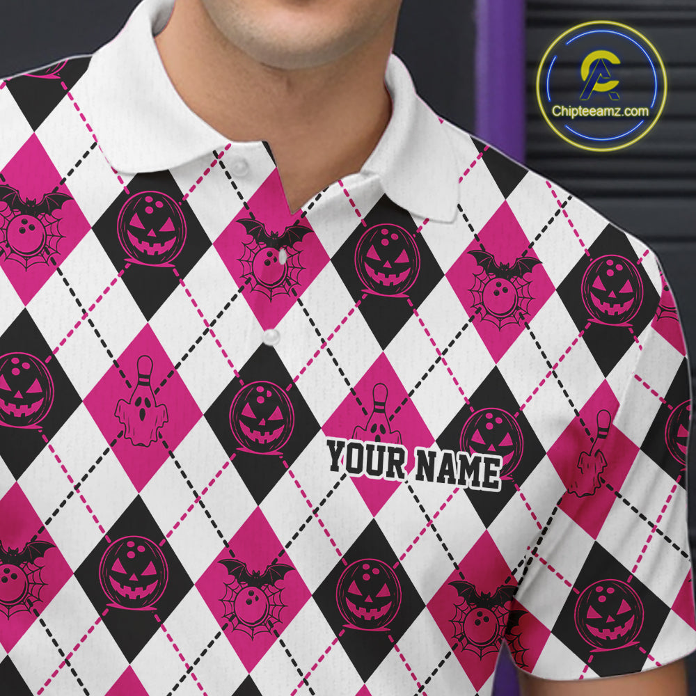 Custom Funny White, Black And Pink Halloween Bowling Argyle Pattern Men Polo Shirt IPHW11914