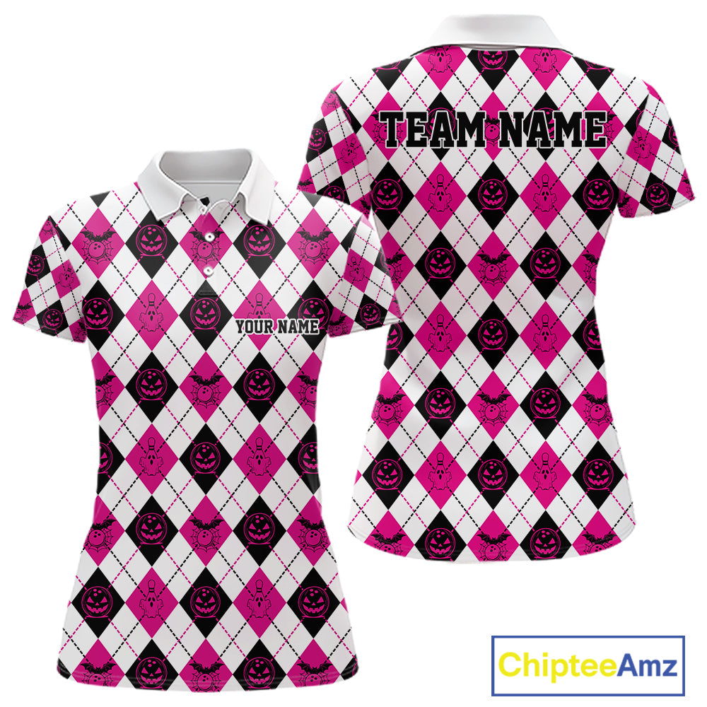 Custom Funny White, Black And Pink Halloween Bowling Argyle Pattern Women Polo Shirt IPHW11914