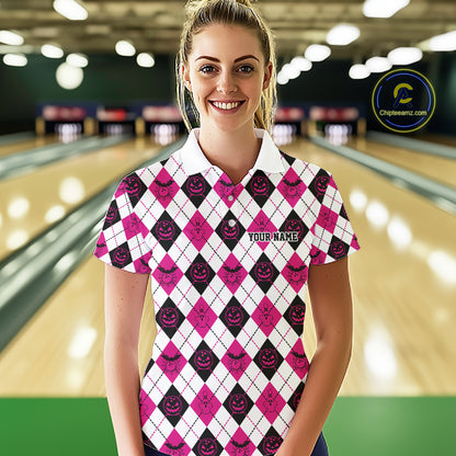 Custom Funny White, Black And Pink Halloween Bowling Argyle Pattern Women Polo Shirt IPHW11914