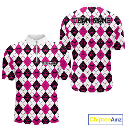 Custom Funny White, Black And Pink Halloween Bowling Argyle Pattern Men Quarter Zip Shirt IPHW11914