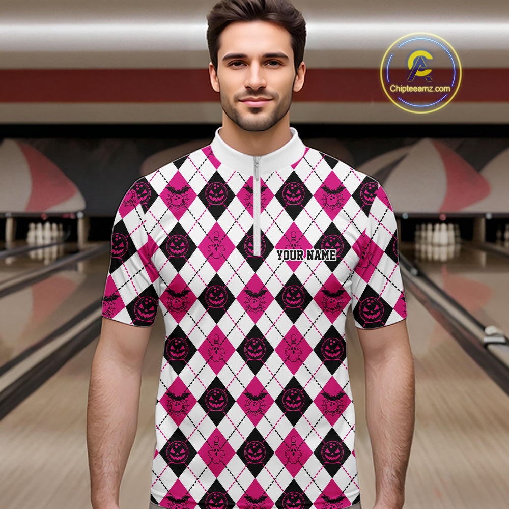 Custom Funny White, Black And Pink Halloween Bowling Argyle Pattern Men Quarter Zip Shirt IPHW11914