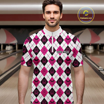 Custom Funny White, Black And Pink Halloween Bowling Argyle Pattern Men Quarter Zip Shirt IPHW11914