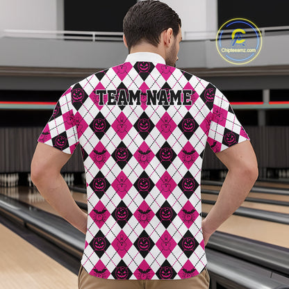 Custom Funny White, Black And Pink Halloween Bowling Argyle Pattern Men Quarter Zip Shirt IPHW11914