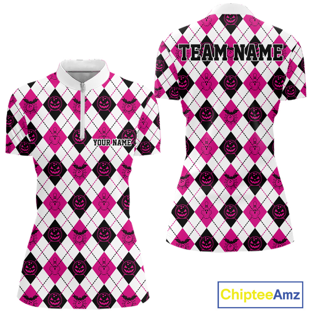 Custom Funny White, Black And Pink Halloween Bowling Argyle Women Quarter-Zip Shirt IPHW11914