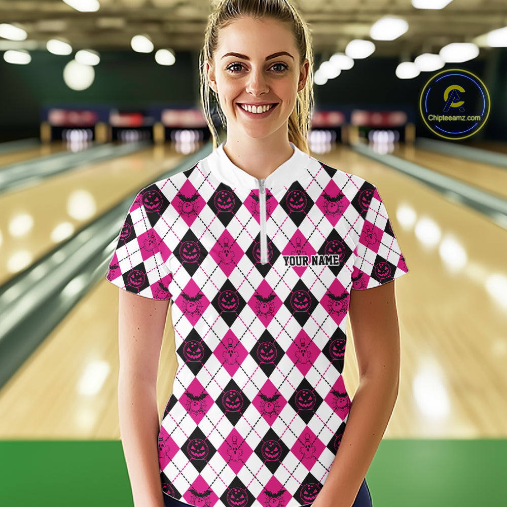 Custom Funny White, Black And Pink Halloween Bowling Argyle Women Quarter-Zip Shirt IPHW11914
