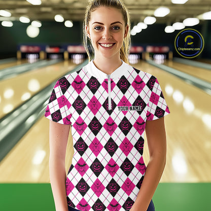 Custom Funny White, Black And Pink Halloween Bowling Argyle Women Quarter-Zip Shirt IPHW11914