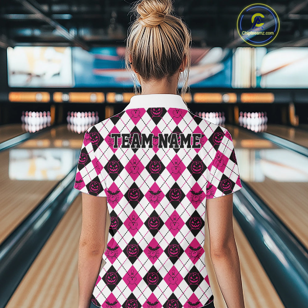 Custom Funny White, Black And Pink Halloween Bowling Argyle Women Quarter-Zip Shirt IPHW11914
