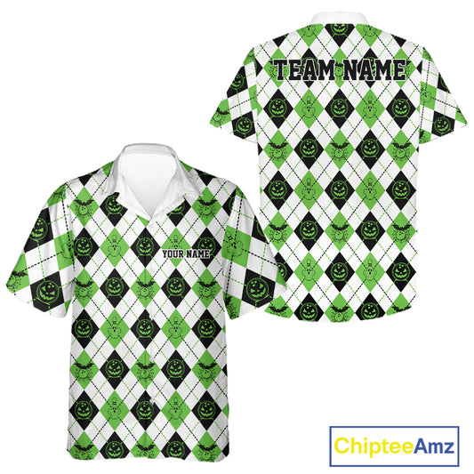 Custom Funny White, Black And Green Halloween Bowling Argyle Pattern Men And Women Button Up Shirt IPHW11915