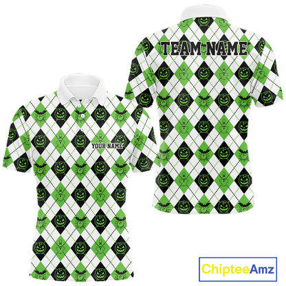Custom Funny White, Black And Green Halloween Bowling Argyle Pattern Men Polo Shirt IPHW11915