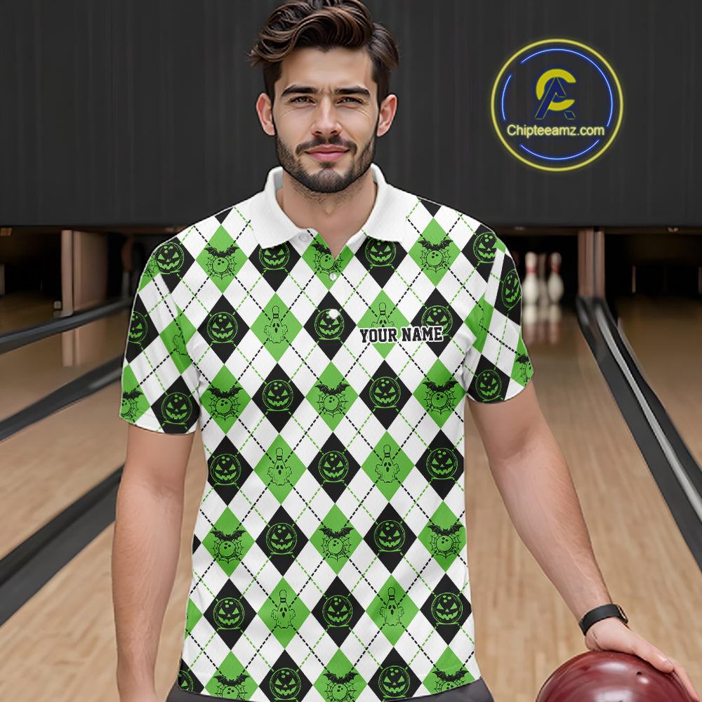 Custom Funny White, Black And Green Halloween Bowling Argyle Pattern Men Polo Shirt IPHW11915