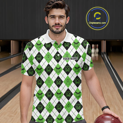 Custom Funny White, Black And Green Halloween Bowling Argyle Pattern Men Polo Shirt IPHW11915