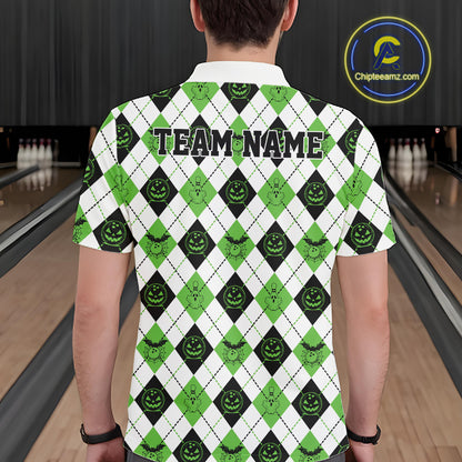 Custom Funny White, Black And Green Halloween Bowling Argyle Pattern Men Polo Shirt IPHW11915
