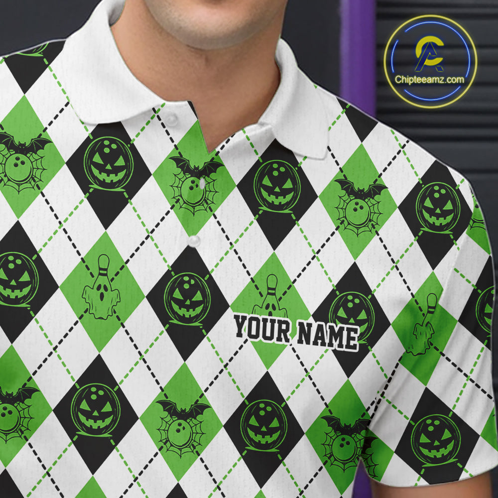 Custom Funny White, Black And Green Halloween Bowling Argyle Pattern Men Polo Shirt IPHW11915