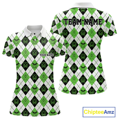 Custom Funny White, Black And Green Halloween Bowling Argyle Pattern Women Polo Shirt IPHW11915