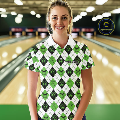 Custom Funny White, Black And Green Halloween Bowling Argyle Pattern Women Polo Shirt IPHW11915